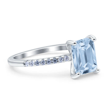 Emerald Cut Art Deco Wedding Ring Simulated Aquamarine CZ 925 Sterling Silver